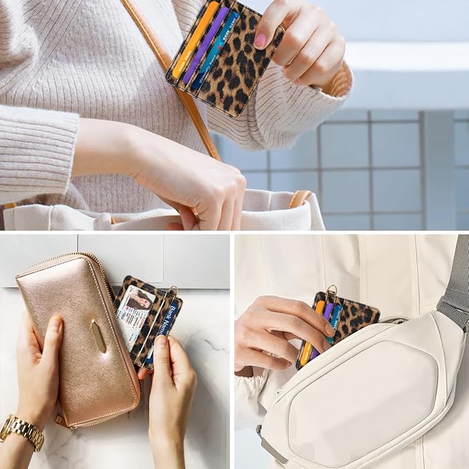 Slim Minimalist Pocket Credit Card Holder Wallet RFID Blocking Lightweight Thin Small Cute Card Cases,Leopard