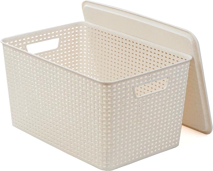 BINO | Plastic Storage Baskets with Lids, 22 Liter - 3 Pack, Natural | THE WOVEN COLLECTION | Storage Basket for Shelves | Woven Storage Baskets for Organizing Bins | Pantry Shelf Organizer Bin
