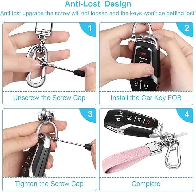 QBUC Genuine Leather Car Keychain,Universal Heavy Duty Metal Key Chain Accessories,Car Fob Key Keychain Holder with 360 Degree Rotatable Snap Swivel and Anti-Lost D-Ring for Men Women(Light Pink)