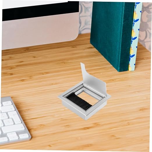 Aluminum Alloy Cable Management Box Stylish Square Desk Grommet Dustproof Brush Lining Wire Organizer for Home Office Cord Cover Silver