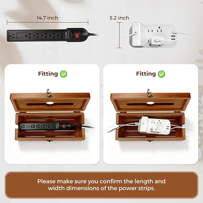 Cable Management Box with Latch, Soild Wood Cord Box with 4 Open Slots, Cable Box to Hide Cords and Power Strip