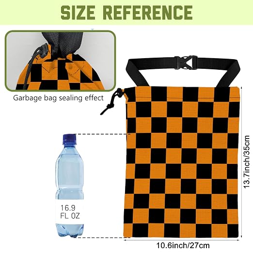 Car Garbage Bag Black Orange Checkered Drawstring Car Trash Bag Hanging for Back Seat with Adjustable Buckle Canvas Vehicle Trash Can Easy-to-Install for Car Accessories Vehicle Travelling Camping