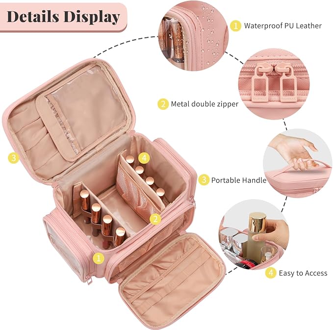 Bagmoly Large Makeup Bag, Portable Travel Makeup Bag Organizer for Women Girls with Makeup Brush Compartment & Two Side Pockets, Cosmetic Travel Bag Vertical Storage Toiletry - Pink