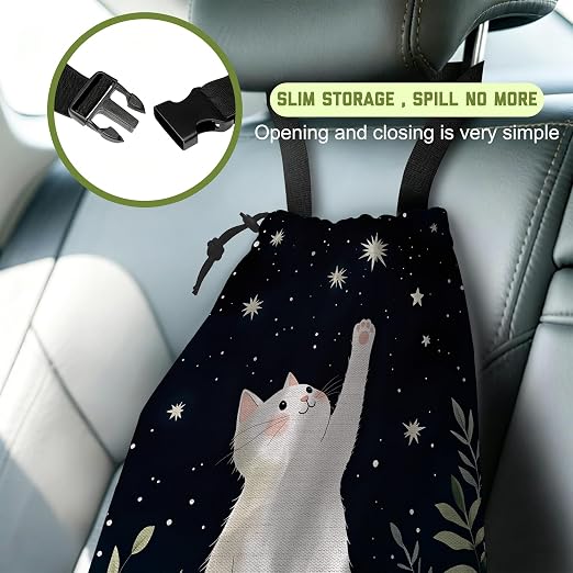 White Cat Starry Night Car Trash Bag Botanical Cat Leak-Proof Waterproof Car Garbage Bag with Drawstring Foldable Canvas Trash Bin with Adjustable Buckle for Car Accessories, Travelling, Camping