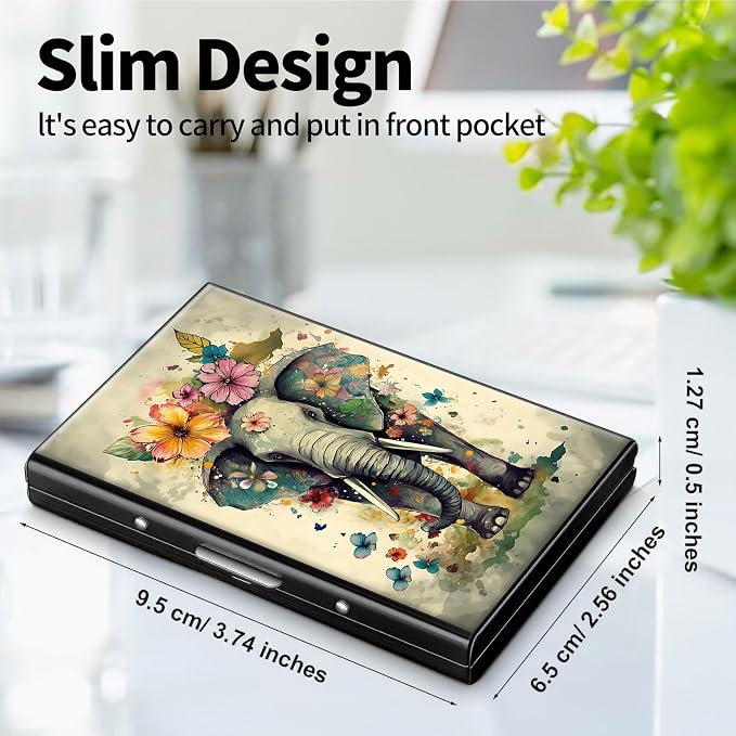 Metal Wallet, Credit Card Holder for Women Men Girls, RFID Blocking Aluminum Wallet Slim Hard Case, Mini Travel Wallet, ID Card Holder Business Card Case,Elephant Flowers