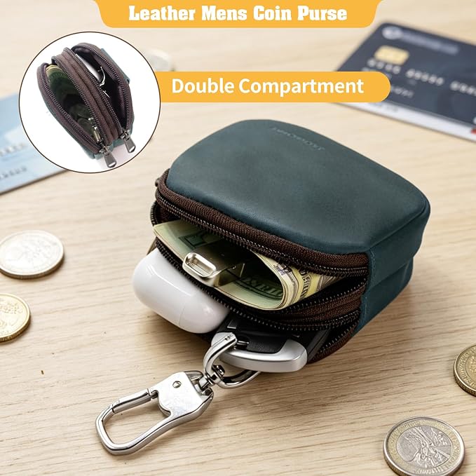 Jack&Chris Coin Purse for Men, Genuine Leather Mini Coin Wallet Zipper Pocket with Back Belt Loop, Coin Bag for Men, Blue