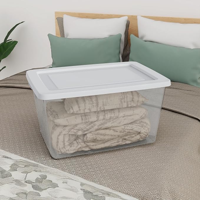 Sterilite 12 Pack Storage Boxes, Clear Plastic Stackable Containers, Lightweight Home Organizers with Snap Lids, 58 Quart, White