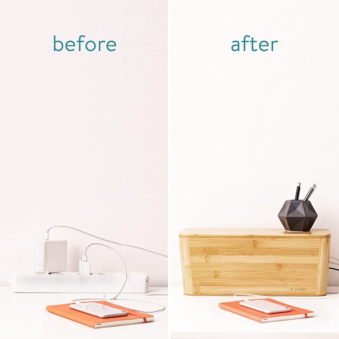 Navaris Cable Tidy Box - Bamboo Cable Storage Box Organizer for Wires, Cables, Extension Sockets, Chargers and Power Plug Cords - 15.5" x 6.3" x 6.3"