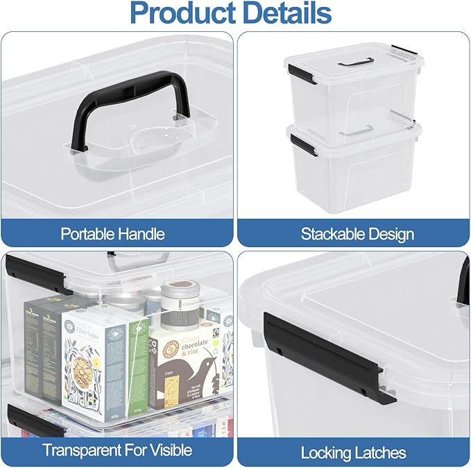 Clear Plastic Storage Containers Bins Boxes with Lids and Handles, 10.5 L Clear Storage Latch Box, 4 Packs