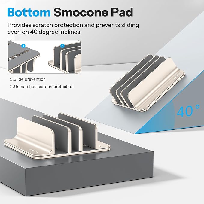 OMOTON Vertical Laptop Stand [Updated 3-Slots Version], Desktop Aluminum Mac Book Stand with Adjustable Dock Size, Fits All Mac Book, Chrome Book and Gaming Laptops (Up to 17.3 inch), Starlight