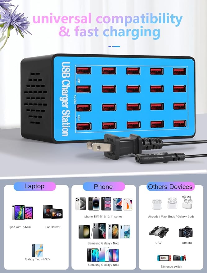 USB Charging Station,100W 20-Port Multi Smart Safety Fast Charger Station for Phone Tablet Watch Headphone PS, Compact Desktop Charger Home Office Travel
