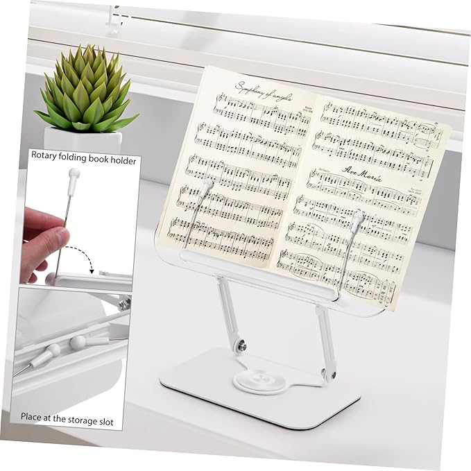 Adjustable Rotating Book Holder Stand Multi-Functional Desktop Stand for Reading Recipe Books and Laptops Height Adjustable with Page Clips for Hands Use