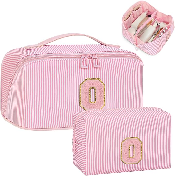 Initial Makeup Bag, Portable Water-resistant Monogram Cosmetic Bag Set, Travel Toiletry Bag with Brush Holder, Personalized Gifts for Friend Teacher Mom Wife, Pink O