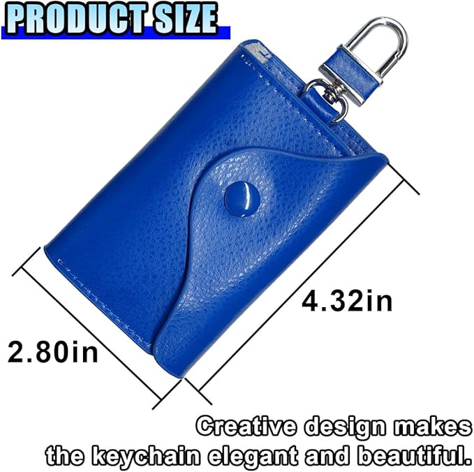 Leather Car Key Case Holder, Remote Key Fob Case with Keychain & Snap Closure – Universal Smart Keys Pouch for Men Women, Coin Holder Protection Bag with Metal Hook (Blue)