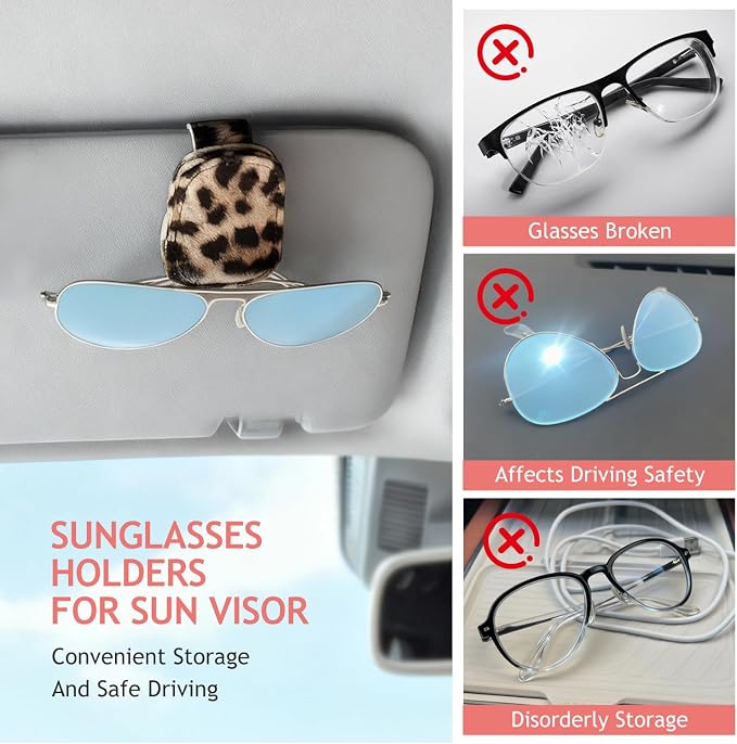 Sunglass Holder for Car Visor, Cheetah Leopard Magnet Sunglasses Holder for car Leather Sunglasses Holder and Ticket Card Clip Car Visor Accessories