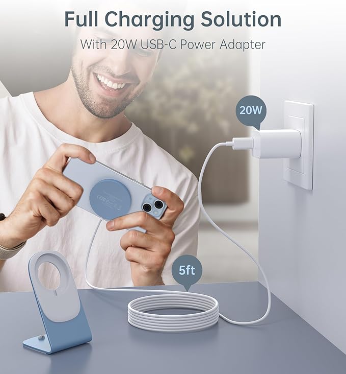 Magnetic Wireless Charger for iPhone 17/16/15/14/13/12 - Mag Charger+20W USB C Adapter, Fast Wireless Charging Stand/Pad with 5ft Cable for iPhone 17/16/15/14/13/12 Pro Max Plus Mini 17 Air, Blue