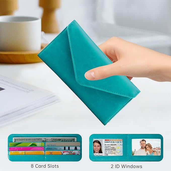 Card Wallet RFID Blocking Envelope Style Tri-fold Checkbook Clutch Slim Vegan Leather 2 ID Windows with Coin Pocket, Green