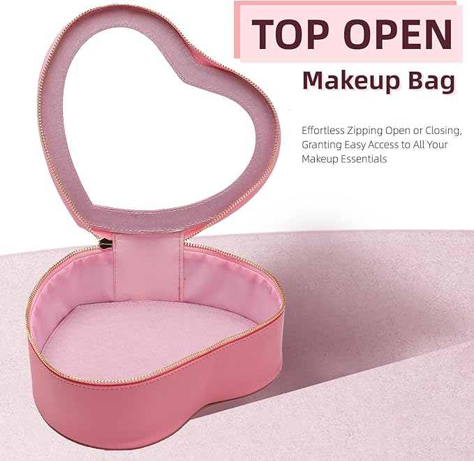 Pink Heart Makeup Bag-Heart Shaped Valentine Day Gift for Her,Pink Clear Top Open Cosmetic Organizer, Large Waterproof Travel Makeup Bag for Girls Women