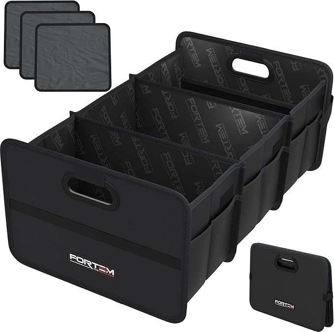 FORTEM Car Trunk Organizer, Collapsible Two Compartment Organizer, Foldable SUV & Truck Storage for Car Accessories for Women Men, Non Slip Bottom, Sturdy Side Walls, Strong Handles, 75L