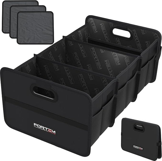 FORTEM Car Trunk Organizer, Collapsible Two Compartment Organizer, Foldable SUV & Truck Storage for Car Accessories for Women Men, Non Slip Bottom, Sturdy Side Walls, Strong Handles, 75L