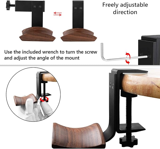 GEEKRIA Wooden Headphones Stand Compatible with Apple AirPods Max, Sony WH-1000XM6 Headphone Hook, Earphones Hanger Mount, Dual-Purpose Aluminum Headset Desktop Clip with Walnut Holder