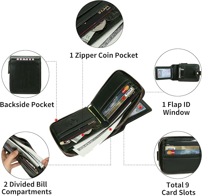 MING CLAN Leather RFID Blocking Bifold Wallet For Men With Zipper, Flap ID Window Zip Coin Pocket, Big Capacity Credit Card Holder For Travel
