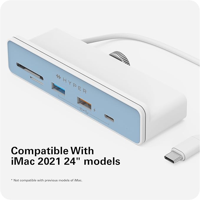 HyperDrive 6in1 USB Hub Adapter: HDMI 4K60Hz, USB-C 10Gbps, 2 USB-A 10Gbps, SD UHS-I, MicroSD UHS-I for iMac 2021 24 inch