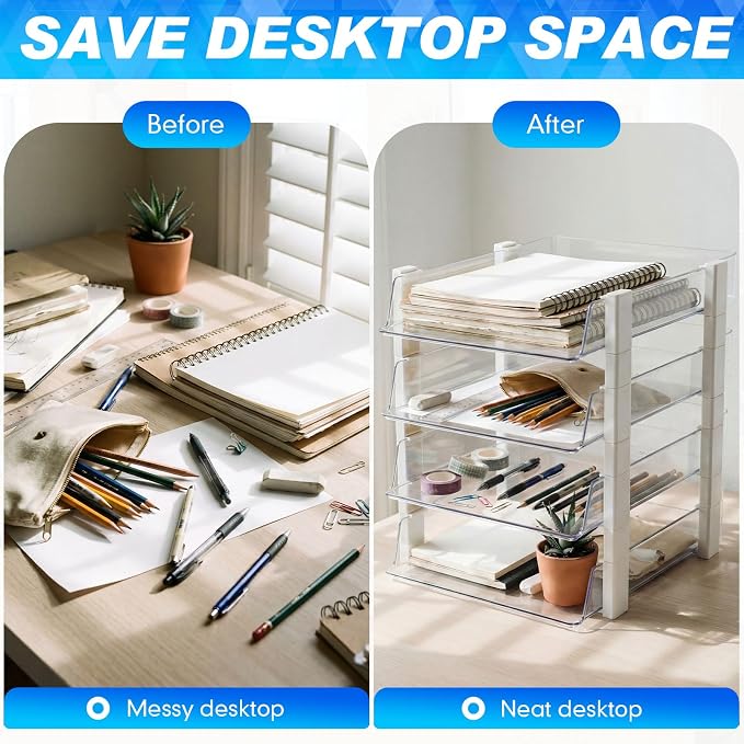 SiliFine 4 Tier Clear Stackable Desk Organizer 12.68 x 10.47 x 12.91 Inch Plastic Letter File Trays Rectangular Paper Storage Holder for Office Desktop Document Classroom Hospital (White)