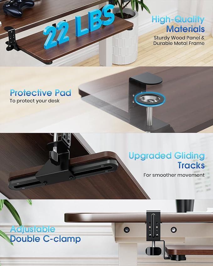 Large Keyboard Tray Under Desk, Pull Out Keyboard & Mouse Tray with Adjustable C-clamp, 25.6(31.5 Including Clamps) x 11.8 Inch Slide Out Computer Keyboard Drawer Mouse Tray for Typing, Walnut