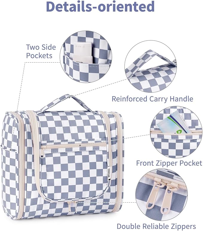 Narwey Checkered Hanging Travel Toiletry Bag for Women, Travel Bag for Toiletries, Makeup Bag Organizer Cosmetic Bags Make Up Bags for Women (Grayish Blue Checkerboard)