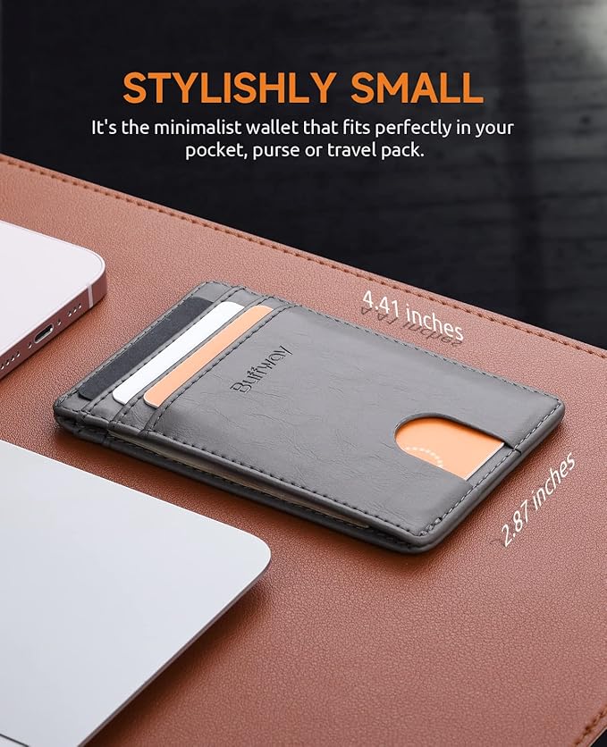 Buffway Mens Slim Wallet, Minimalist Thin Front Pocket Leather Credit Card Holder with RFID Blocking for Work Travel | Minimalist, Thin, Front Pocket, Credit Card Holder, RFID Blocking, for Work Travel