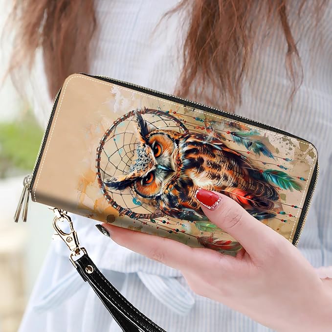 Women's Large Capacity Wallet PU Leather Double Zipper Clutch Purse Multifunctional Wallet with Removable Wristlet Strap for Smart Phone/Coin/Card/Cash, Dream Catcher Owl