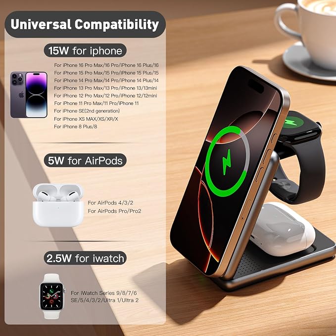 Upgraded 3-in-1 Magnetic Wireless Charger, Foldable Charging Station, Electromagnetic Induction Base,Compatible with MagSafe,Compatible with iPhone 12-17 Series, Apple Watch, and AirPods