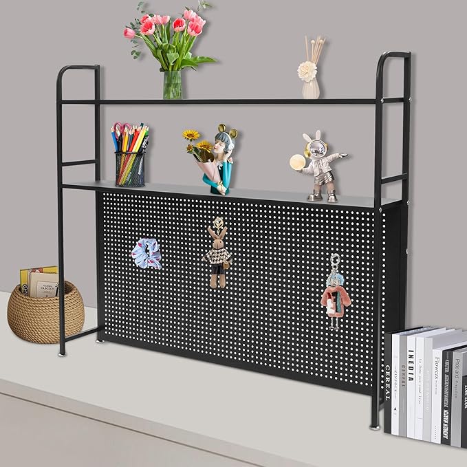 Desk Hutch Shelf 2 Tier Countertop Desktop Bookshelf with Pegboard, Metal Desk Top Bookcase for Computer Desk, Desk Storage Organizer Rack for Dorm Office Home Bedroom(Black, 115cm/45.3in)