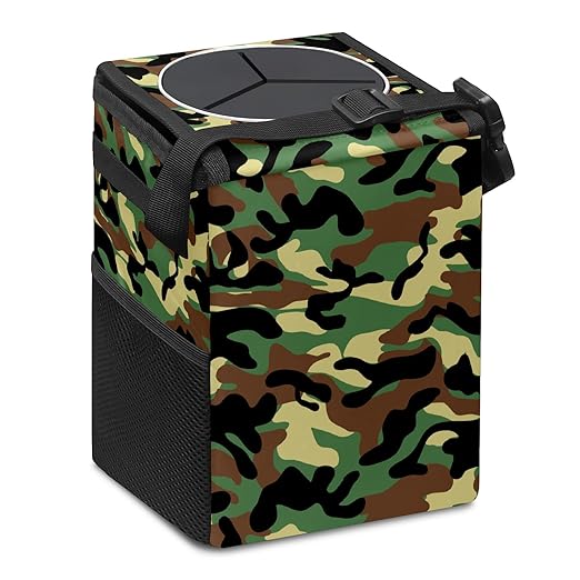 Car Trash Can Camouflage Army Pattern Wate-rproof Auto Garbage Bag Car Trash Can with Lid Leak-Proof Car Storage Bag Hanging for Headrest Collapsible and Portable with Storage Mesh Pocket
