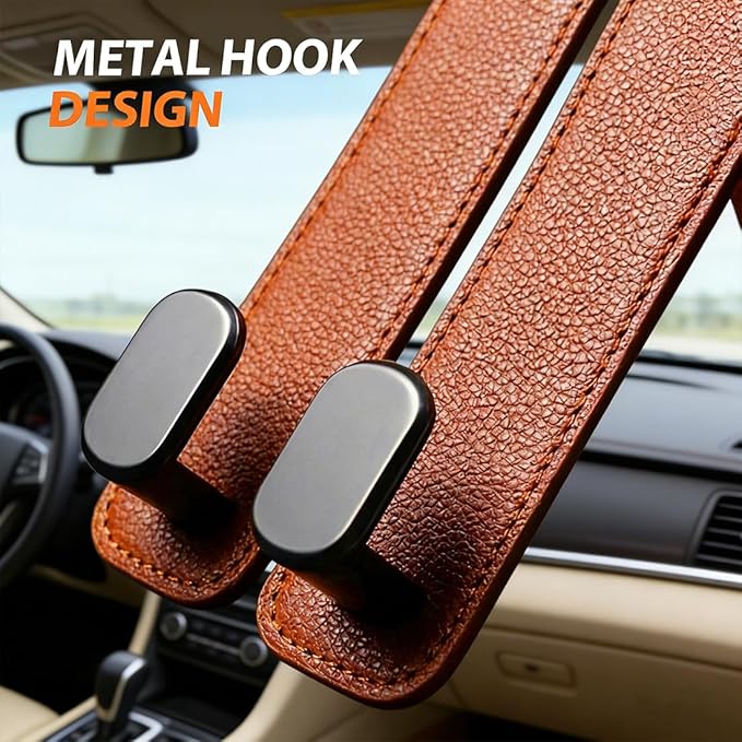 Headrest Hooks for Car, 2 Pack Leather & Metal Car Seat Hooks for Headrest, 50lbs Weight Limit Car Seat Storage Hook, Car Storage Hooks for Purses, Handbags, Grocery Bags, Bottles (Black)
