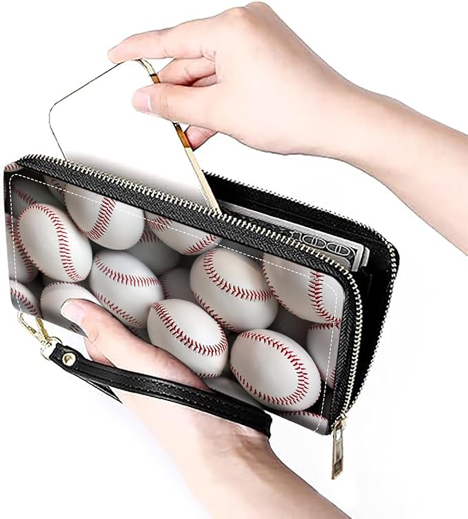 Women's Large Capacity Wallet PU Leather Zip Around Clutch Purse Multifunctional Wallet with Removable Wristlet Strap for Smart Phone/Coin/Card/Cash, Baseballs