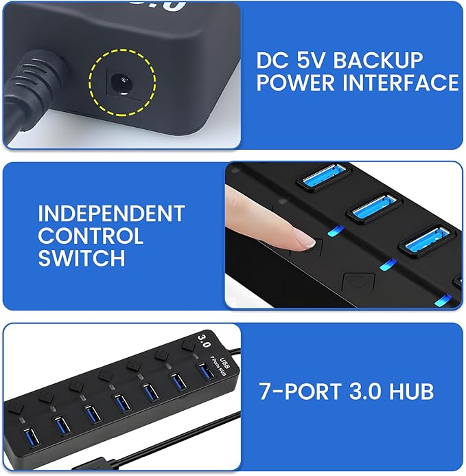 7-Port USB 3.0 Hub with Individual On/Off Switches, 5Gbps Data Transfer USB Splitter for Laptop, PC, Desktop, MacBook, Keyboard, Mouse, Flash Drive, Printer