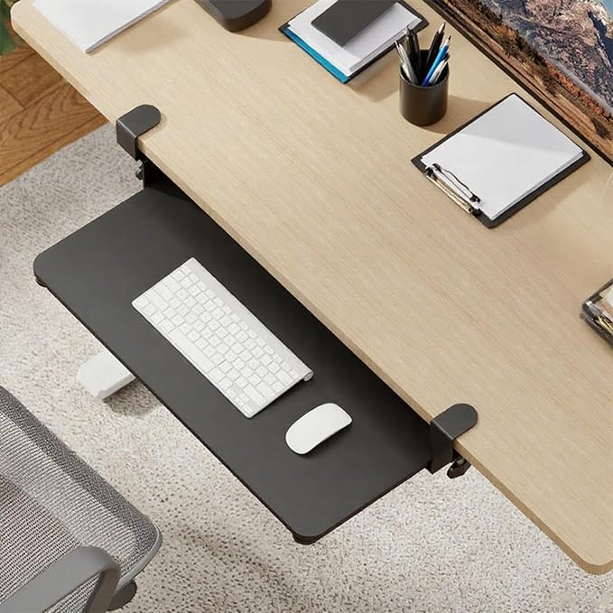 WALI Keyboard Tray Under Desk, Pull-Out Keyboard & Mouse Tray with 45° Adjustable C-Clamp, Ergonomic Platform Computer Drawer for L Shaped & Flat Desk 26.4" x 11.8" (KBT001-B), Black