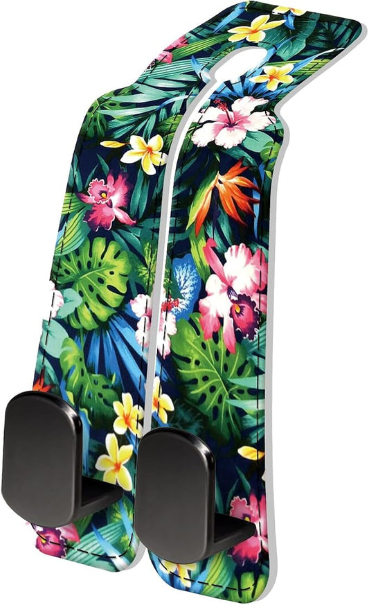PU Leather Car Seat Hook, Storage Headrest Hanger, Cute Car Backseat Organizer, Car Hooks for Purses and Bags Tropical Hibiscus Leaves