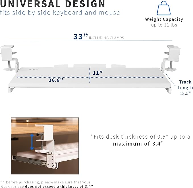 VIVO Large Height Adjustable Under Desk Keyboard Tray, C-clamp Mount System, 27 (33 Including Clamps) x 11 inch Slide-Out Platform for Typing, White, MOUNT-KB05HW