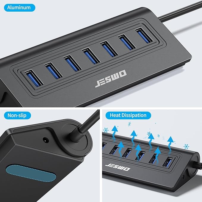 USB Hub 3.0, JESWO Aluminum 7 Port USB 3.0 Hub with 3.3Ft Cable, USB Splitter with 7-USB3.0 Data Ports Compatible with MacBook, Laptop,Surface Pro, PS5, PC and More (No Power Adapter Included)