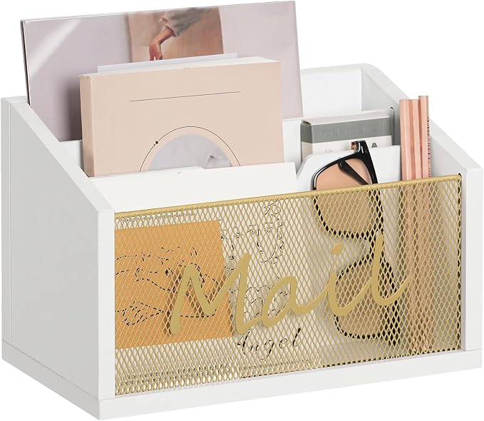 YATINEY Mail Organizer Countertop, Mail Holder with 3 Slots, Mail Sorter for Desk, Wooden Office Desk Organizer, Mail Organizer for Magazines, Files, Papers, Folders, White and Gold MR03DW