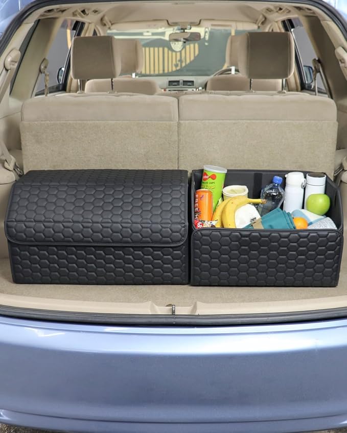 Owleys Cargo Organizer 17.7" - Compact Storage Totes With Lids For SUV, Sedan Or Truck - Durable Car Crate For Travel Essentials - Unique Gifts For Dad (Black 17.7)