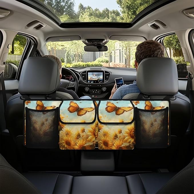 Butterfly Sunflower Print Car Trunk Organizer with 4 Pockets Hanging Car Backseat Storage Bag Multipurpose Car Organizer Bag Universal Car Interior Accessories
