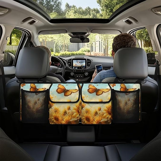 Butterfly Sunflower Print Car Trunk Organizer with 4 Pockets Hanging Car Backseat Storage Bag Multipurpose Car Organizer Bag Universal Car Interior Accessories