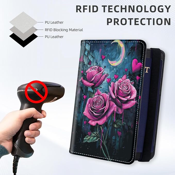 [3 Pink Roses Ultra-Slim Passport Holder Wallet with Pen Loop, RFID Blocking Faux Leather Travel Passport Cover, Compact Boarding Pass & Card Case Organizer for Women & Men