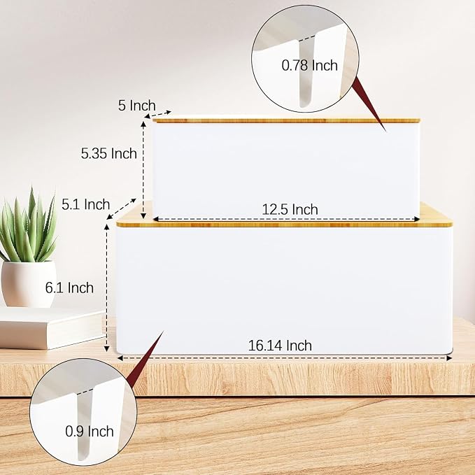 2-Pack Cord Organizer Box with Lids, White Cable Management Box Set, No-Drill Charger & Computer Wire Organizers for Desk, TV, Router, Computer, and Outlets in The Office, Study, Kitchen Areas