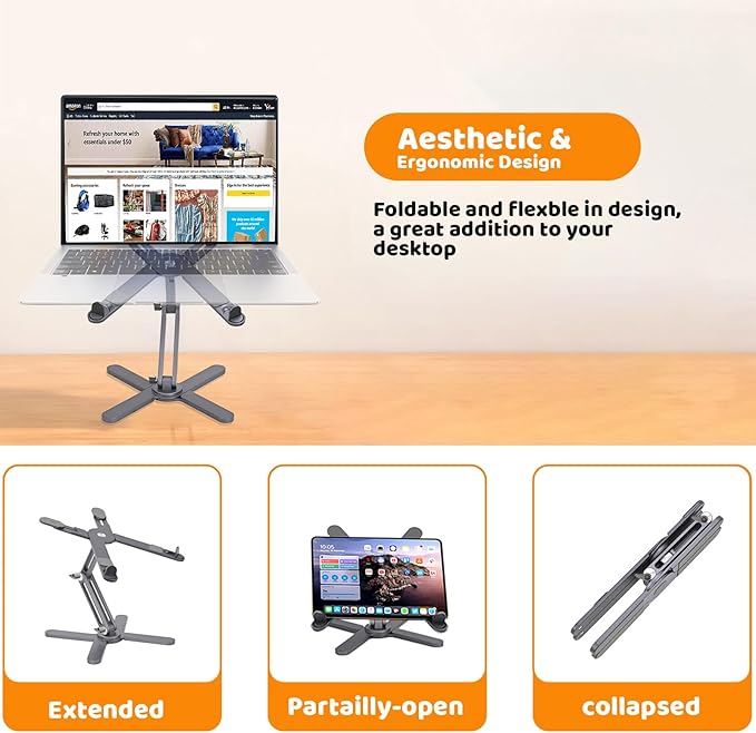Moallia N86 360 Rotating Laptop Stand, Adjustable Height & Angle, Ergonomic Metal Riser for Desk Collaborative Work, Fully Foldable for Easy Storage, Fits All MacBook & Laptops up to 16 inches, Grey