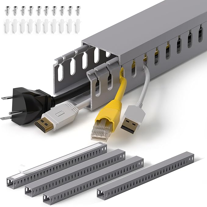 ZhiYo H1.4 W1.6 in Server Rack Cable Management Raceway, 66in (4X L16.5in) Cable Raceway Kit, Electrically Safe PVC Open Slot Wire Cord Hider for Under Desk/Computer/Network Cords, Gray